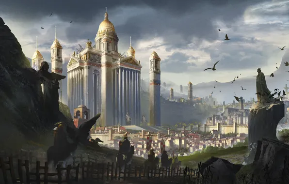 Picture the city, bird, building, traveler, The Pilgrim