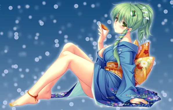 Girl, snowflakes, background, kimono, green hair, touhou, kochi have done the art, sitting