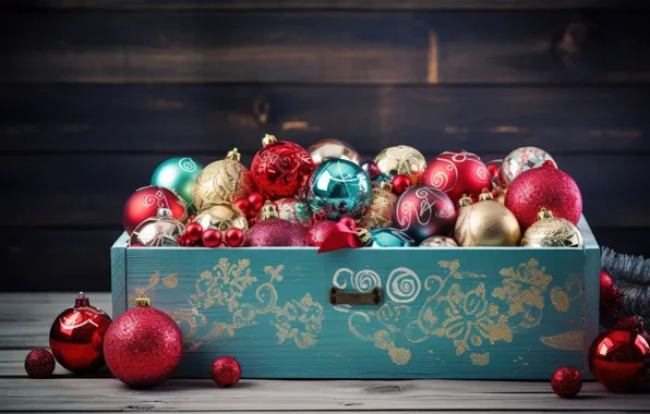 Decoration, balls, colorful, New Year, Christmas, golden, chest, new year
