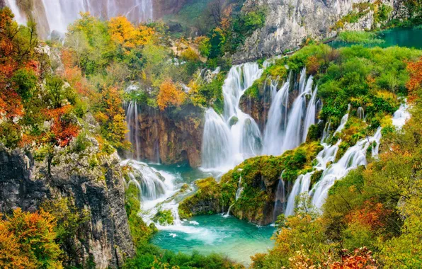 Autumn, trees, mountains, rocks, vegetation, foliage, waterfall, river