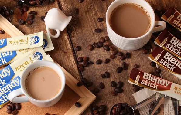 Picture coffee, coffee beans, spoon, jug