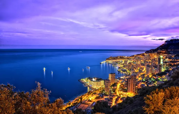 Sea, night, lights, coast, horizon, Monaco, Monte Carlo