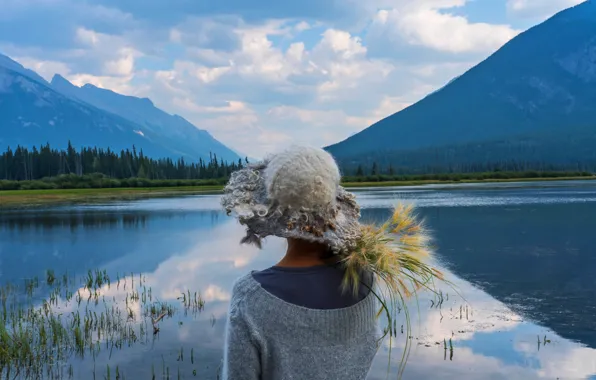 Forest, the sky, girl, clouds, landscape, mountains, nature, lake