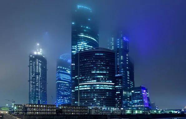 Night, the city, lights, fog, Moscow, skyscrapers, building, complex