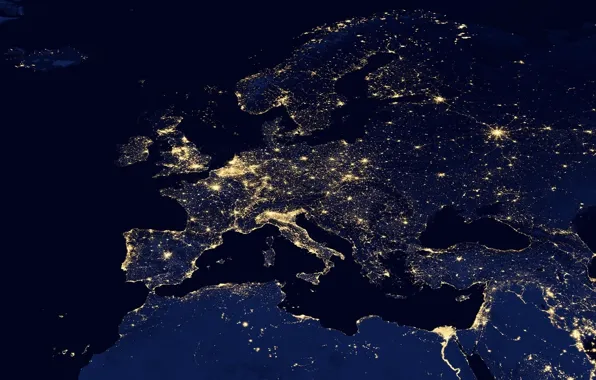 Space, light, night, lights, map, the evening, Europe, panorama