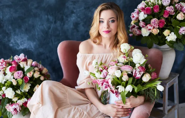 Flowers, pose, portrait, roses, makeup, dress, hairstyle, blonde
