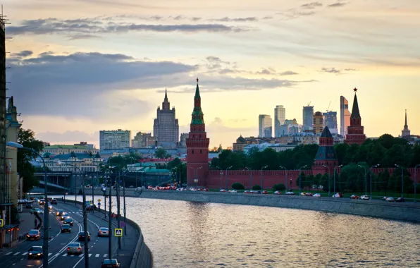 River, road, Moscow, channel, promenade, cars, Moscow, The Kremlin