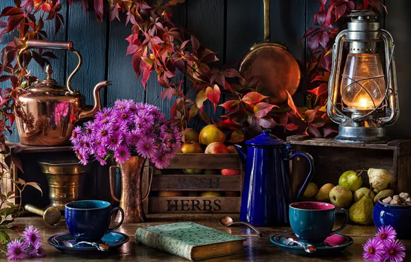 Picture apples, bouquet, kettle, Cup, book, vase, still life, pear