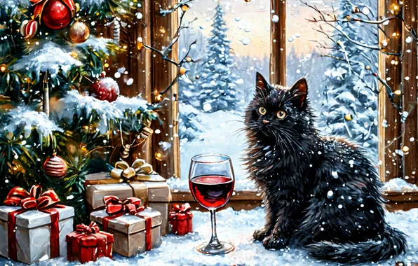 Cat, Window, New year, Wine, Tree, Snowfall, Black cat, A glass of wine