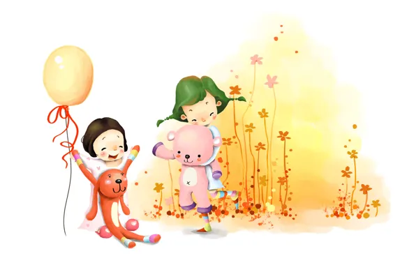Flowers, children, girls, toys, figure, laughter, fun, a balloon