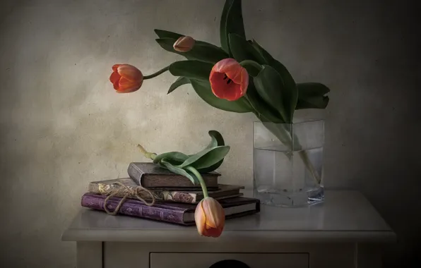 Flowers, style, books, tulips, still life