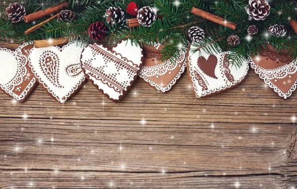 Picture decoration, cookies, Christmas, New year, christmas, new year, heart, wood