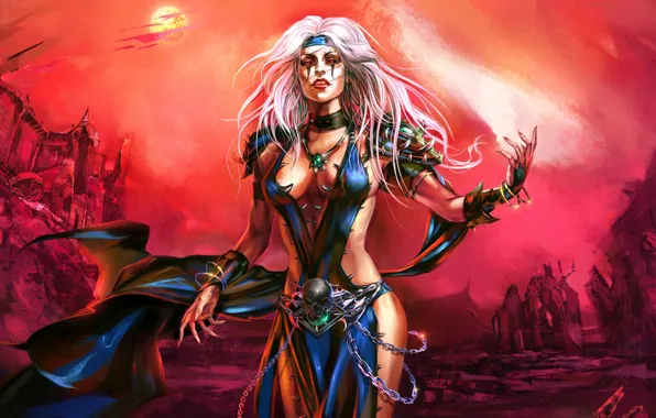Magic, the moon, skull, armor, spikes, Witch, ruins