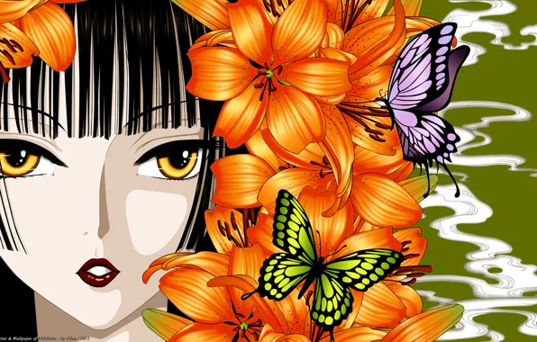 Picture girl, butterfly, flowers, face, Lily, anime, art, xxxHolic