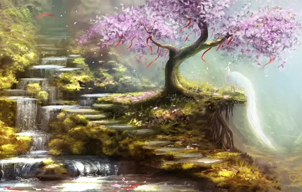 Picture tape, tree, hills, bird, waterfall, Sakura, art, white