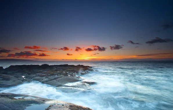 Sea, clouds, sunset, stones, shore, horizon