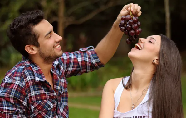 Picture girl, joy, smile, grapes, pair, male, lovers