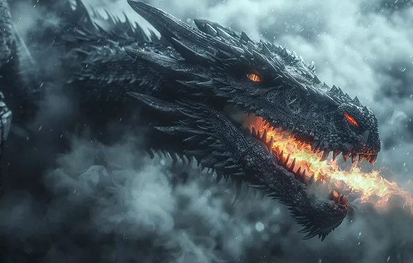 Dragon, Fire, Teeth, Head, Face, Digital art, Closeup, AI art