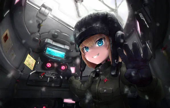 Girl, weapon, anime, pretty, tank, red star, japanese, gloves