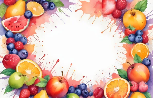 Drops, squirt, berries, apples, oranges, texture, frame, watermelon
