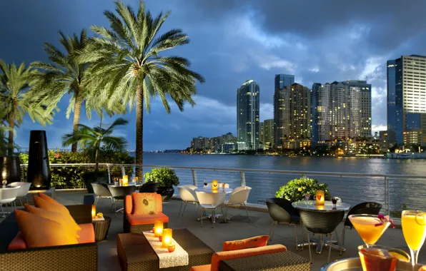 The city, palm trees, the ocean, Bay, cafe, USA, Miami, tables