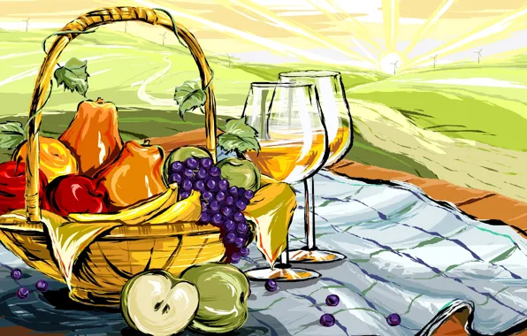 Landscape, wine, apples, figure, glass, food, vector, grapes