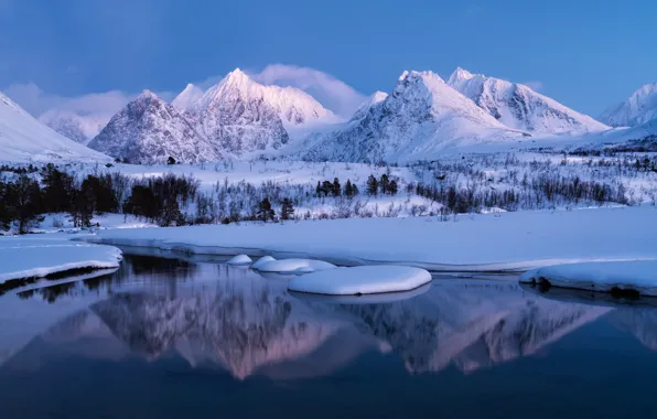 Winter, snow, trees, mountains, lake, reflection, Norway