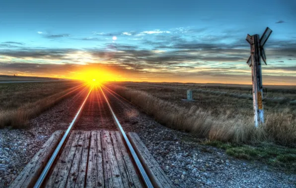 Grass, twilight, road, sky, field, landscape, sunset, clouds