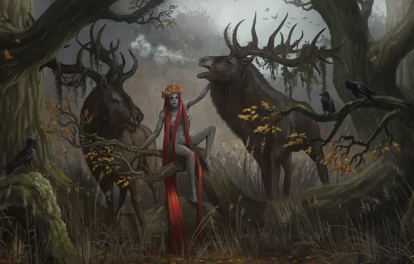 Forest, birds, woman, deer, wreath, Rujevida