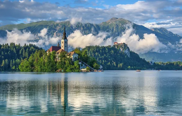 Mountains, lake, Church, island, Slovenia, Lake Bled