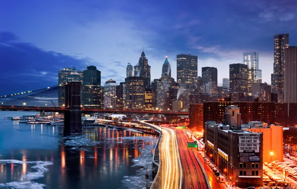 Picture winter, the city, lights, New York, the evening, USA, Manhattan