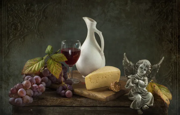 Wine, glass, angel, cheese, grapes, figurine, pitcher