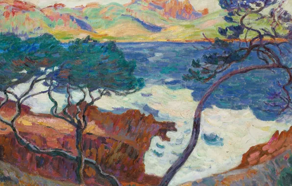 Sea, landscape, mountains, tree, rocks, picture, Arman Hyomin, Armand Guillaumin