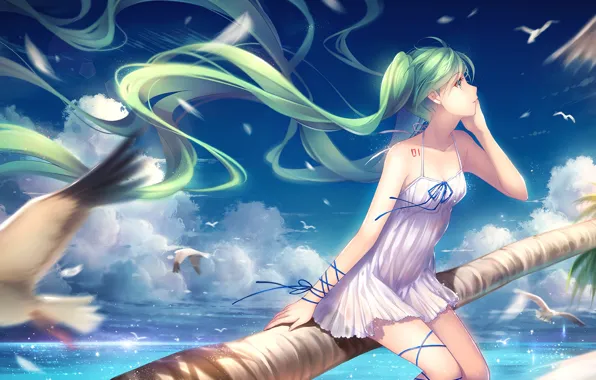 Sea, the sky, girl, clouds, shore, seagulls, anime, art