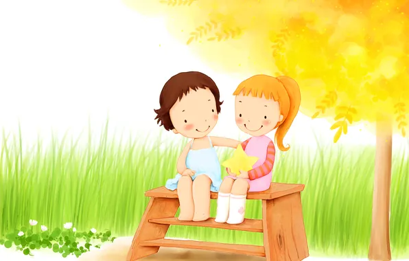 Grass, flowers, children, tree, foliage, girls, star, smile