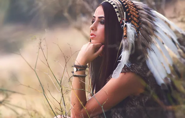 Girl, face, background, feathers, paint, headdress