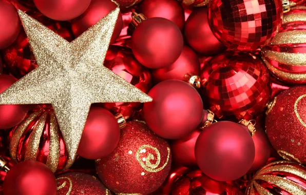 Winter, balls, balls, toys, star, New Year, Christmas, red