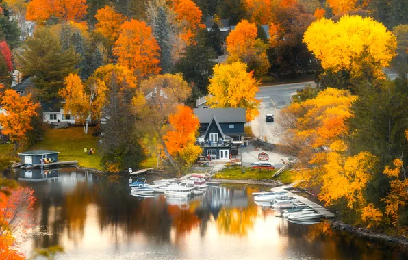 Autumn, trees, lake, house, reflection, shore, boats, house