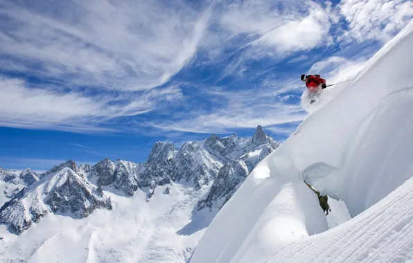 The sky, clouds, snow, mountains, skier, skiing