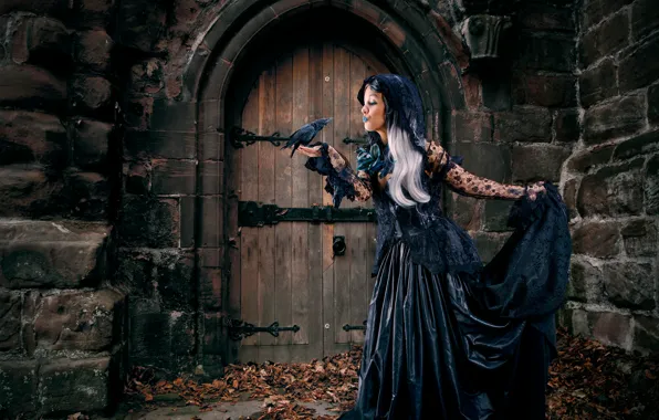 Leaves, girl, castle, Gothic, bird, dress, in black