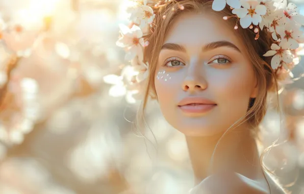 Look, girl, light, flowers, face, smile, portrait, spring