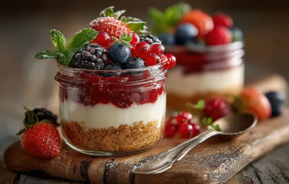 Berries, Board, blueberries, strawberry, spoon, red, mint, layers