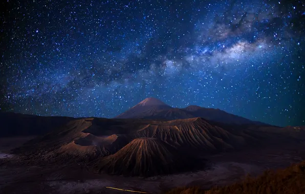 Picture the sky, stars, night, island, the volcano, Indonesia, The Milky Way, blue