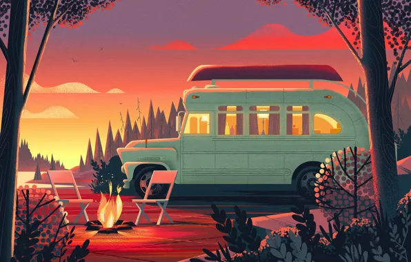 Shore, chairs, car, the fire, Nomadic Homes Illustrations
