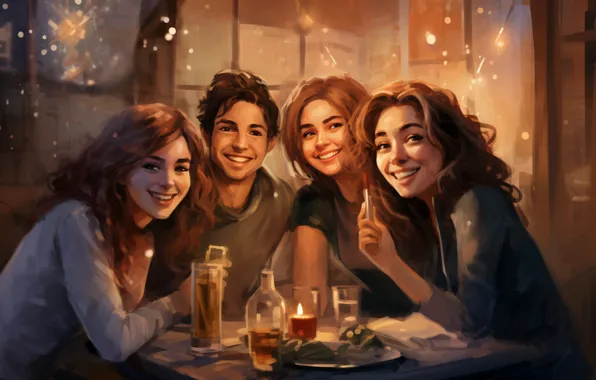 Picture Girls, Smile, Table, Christmas, New year, Guy, Joy, Digital art