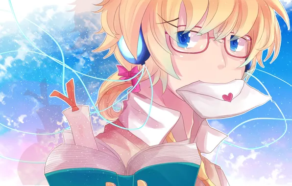 Glasses, book, guy, Vocaloid, Vocaloid, Kagamine Len