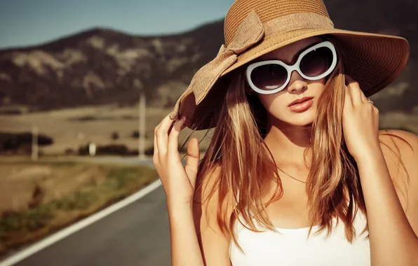 Road, girl, face, background, hair, hat, hands, glasses