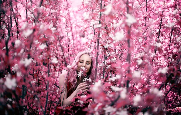 Girl, branches, spring, flowering