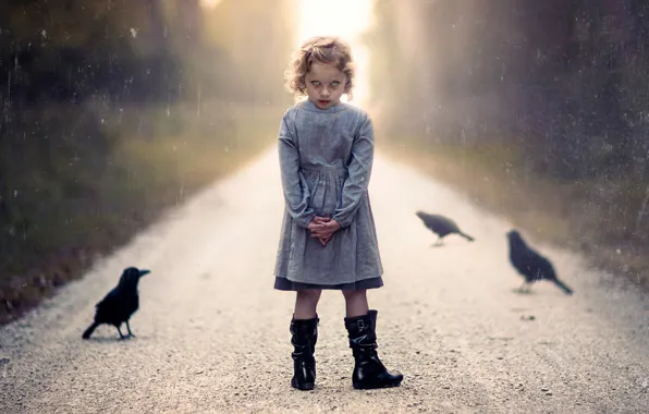 Road, girl, Halloween, crows