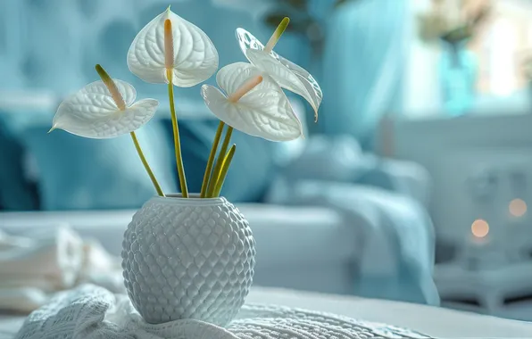 Flowers, table, room, sofa, interior, bouquet, pillow, white